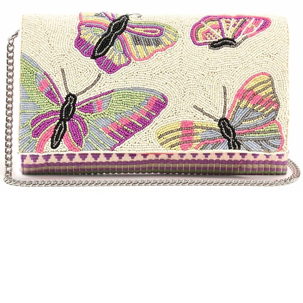A & B Rosebloom Butterfly Flap Beaded Clutch Handbag Pink Bag Cream Bead Blk NEW
